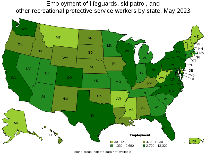 Map of employment of lifeguards, ski patrol, and other recreational protective service workers by state, May 2023