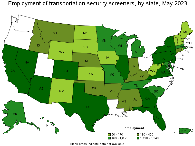 Map of employment of transportation security screeners by state, May 2023