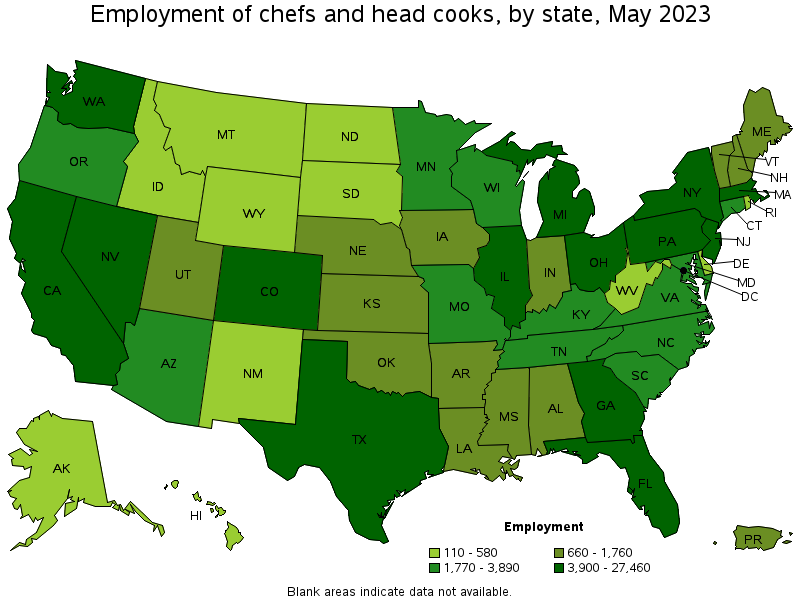 Map of employment of chefs and head cooks by state, May 2023