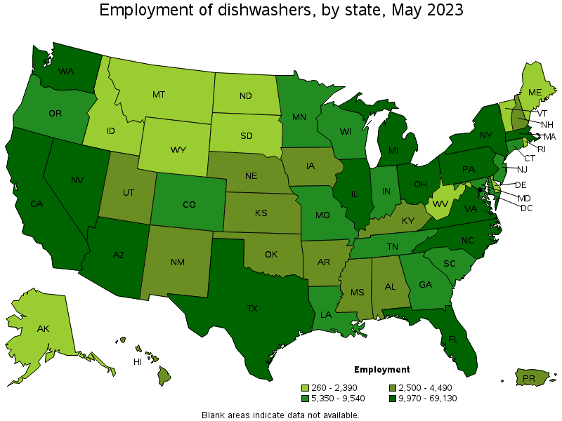 Map of employment of dishwashers by state, May 2023