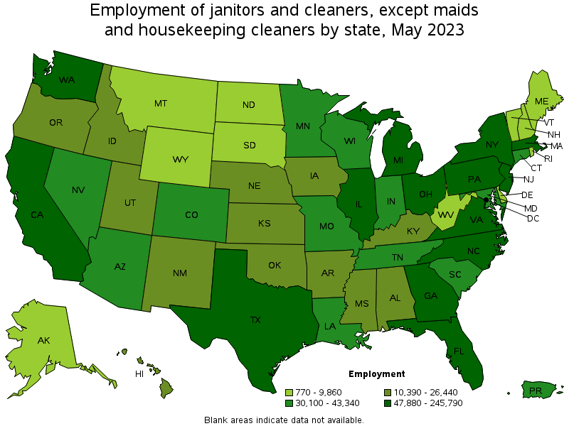 Map of employment of janitors and cleaners, except maids and housekeeping cleaners by state, May 2023