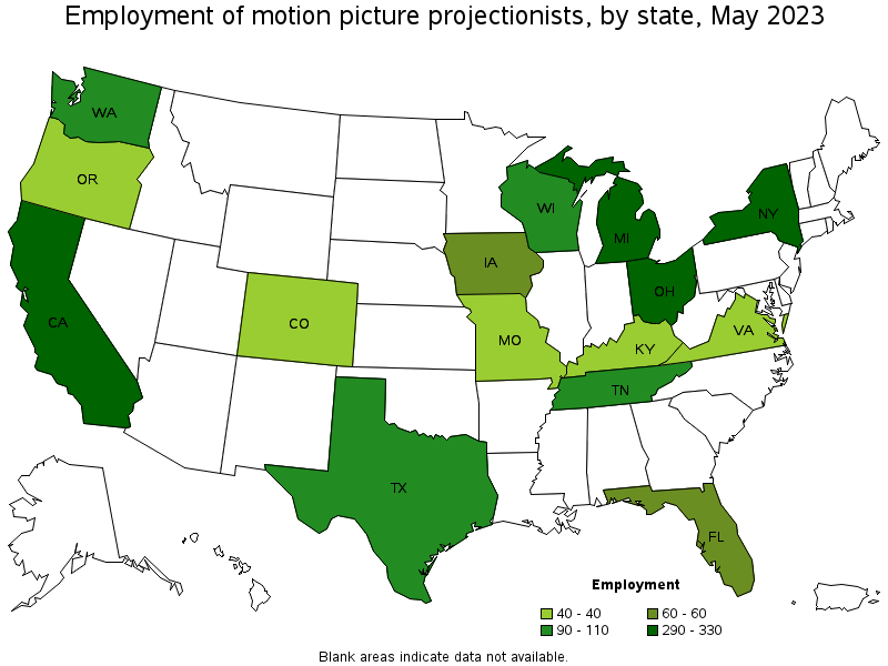 Map of employment of motion picture projectionists by state, May 2023