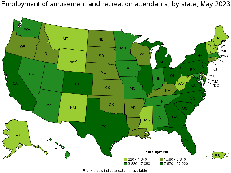 Map of employment of amusement and recreation attendants by state, May 2023