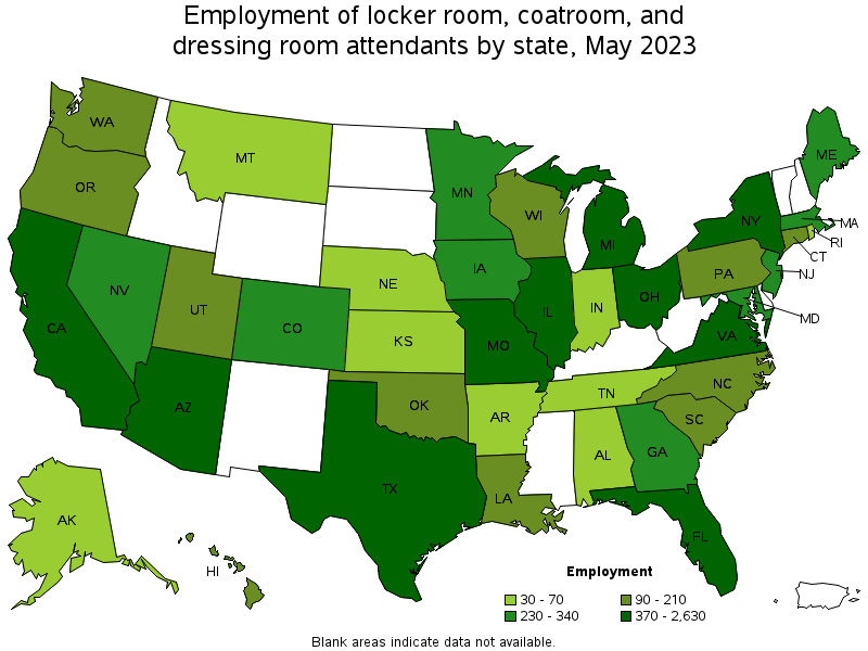 Map of employment of locker room, coatroom, and dressing room attendants by state, May 2023