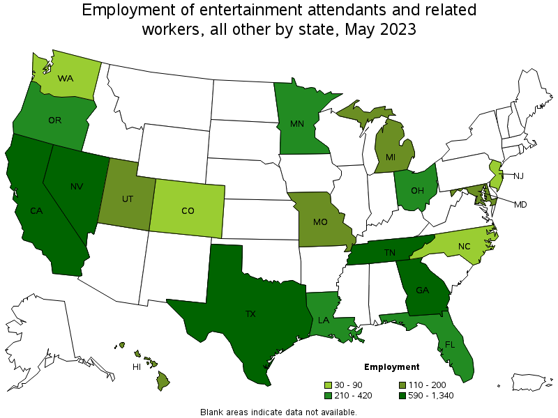 Map of employment of entertainment attendants and related workers, all other by state, May 2023