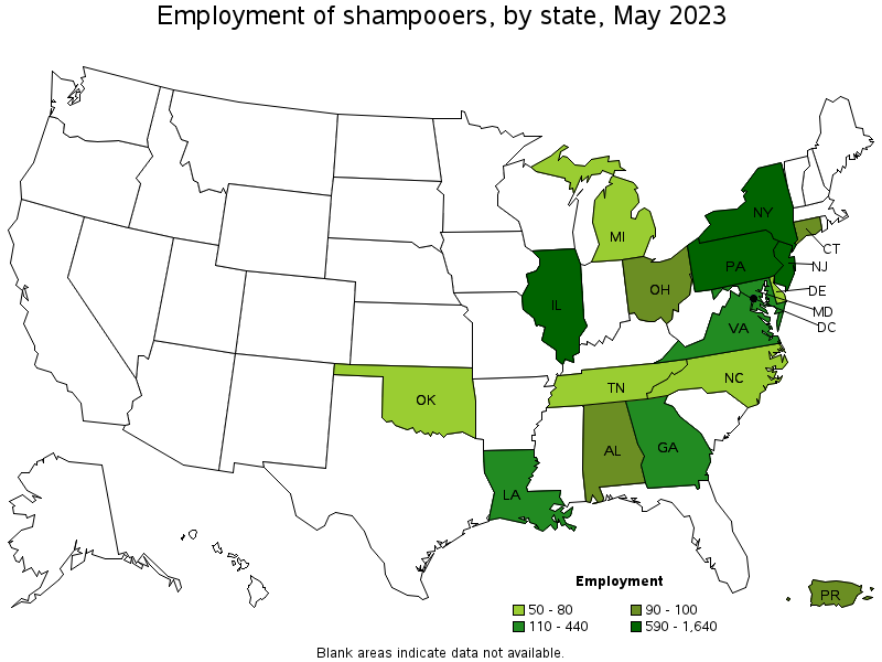 Map of employment of shampooers by state, May 2023