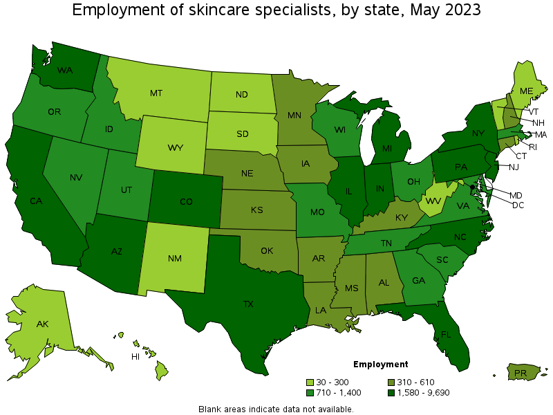 Map of employment of skincare specialists by state, May 2023