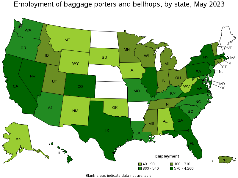 Map of employment of baggage porters and bellhops by state, May 2023