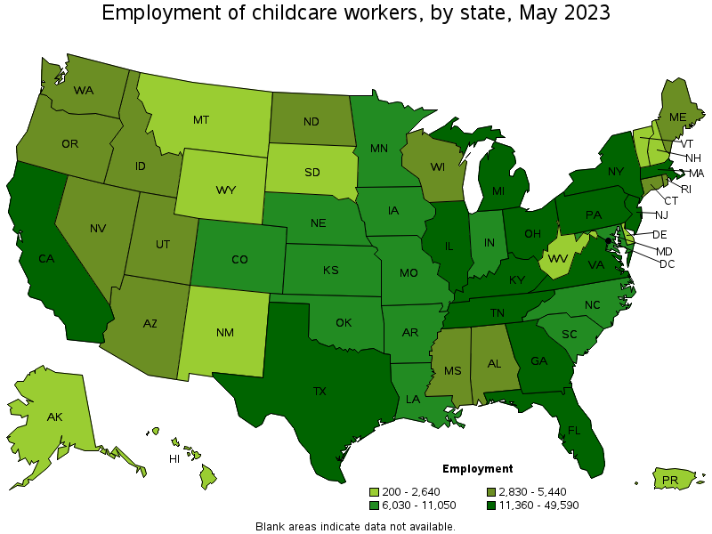Map of employment of childcare workers by state, May 2023
