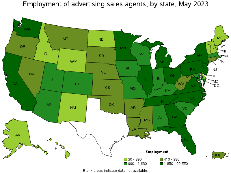 Map of employment of advertising sales agents by state, May 2023
