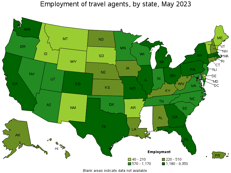 Map of employment of travel agents by state, May 2023