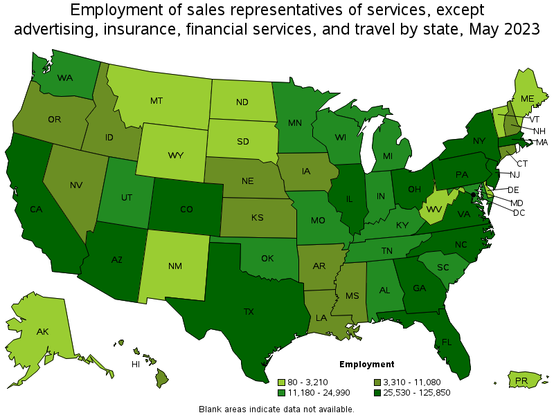 Map of employment of sales representatives of services, except advertising, insurance, financial services, and travel by state, May 2023