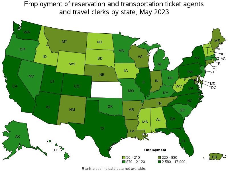 Map of employment of reservation and transportation ticket agents and travel clerks by state, May 2023