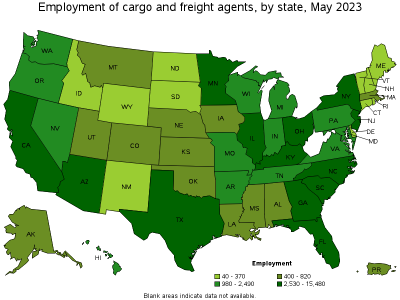 Map of employment of cargo and freight agents by state, May 2023
