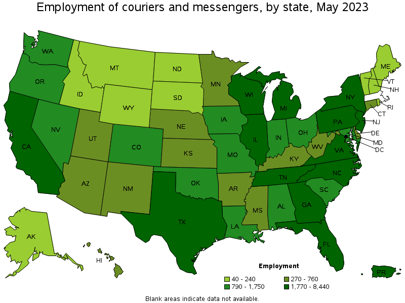 Map of employment of couriers and messengers by state, May 2023
