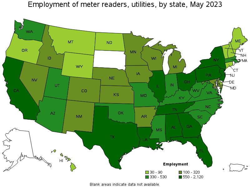 Map of employment of meter readers, utilities by state, May 2023