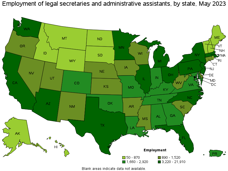 Map of employment of legal secretaries and administrative assistants by state, May 2023