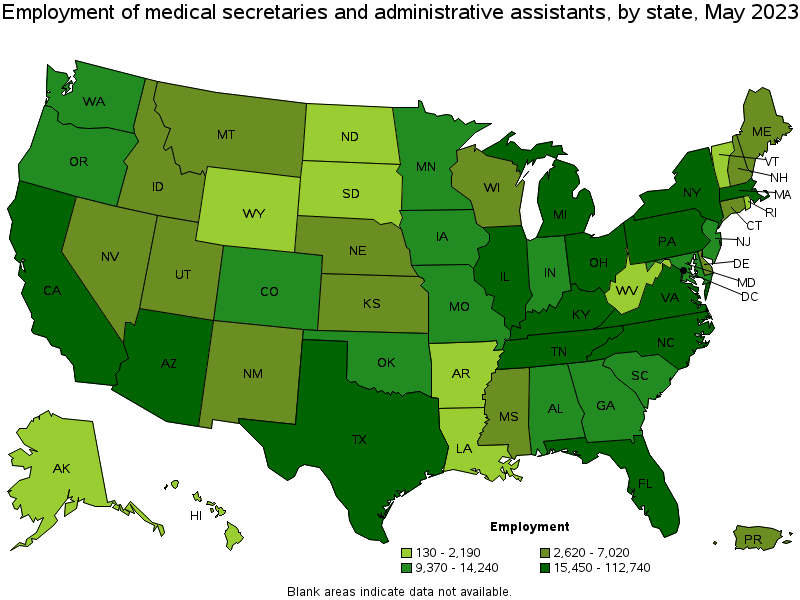 Map of employment of medical secretaries and administrative assistants by state, May 2023