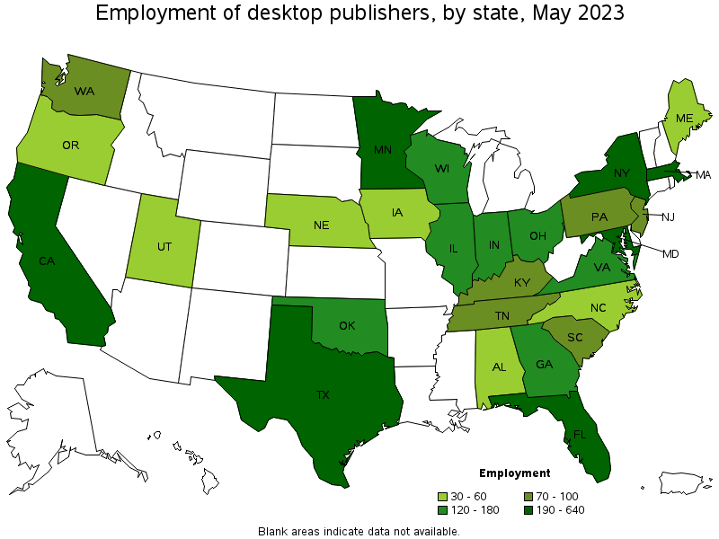 Map of employment of desktop publishers by state, May 2023