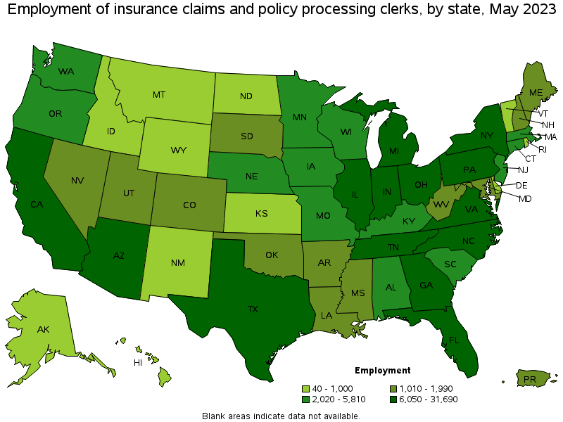 Map of employment of insurance claims and policy processing clerks by state, May 2023