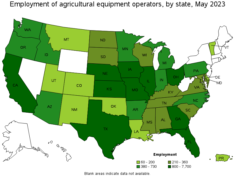 Map of employment of agricultural equipment operators by state, May 2023