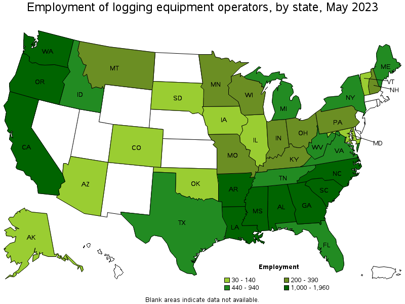 Map of employment of logging equipment operators by state, May 2023