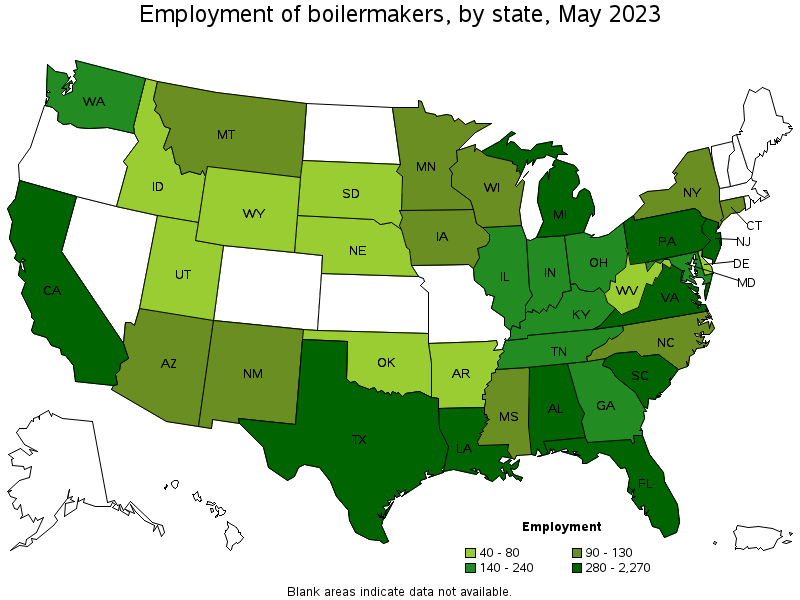 Map of employment of boilermakers by state, May 2023