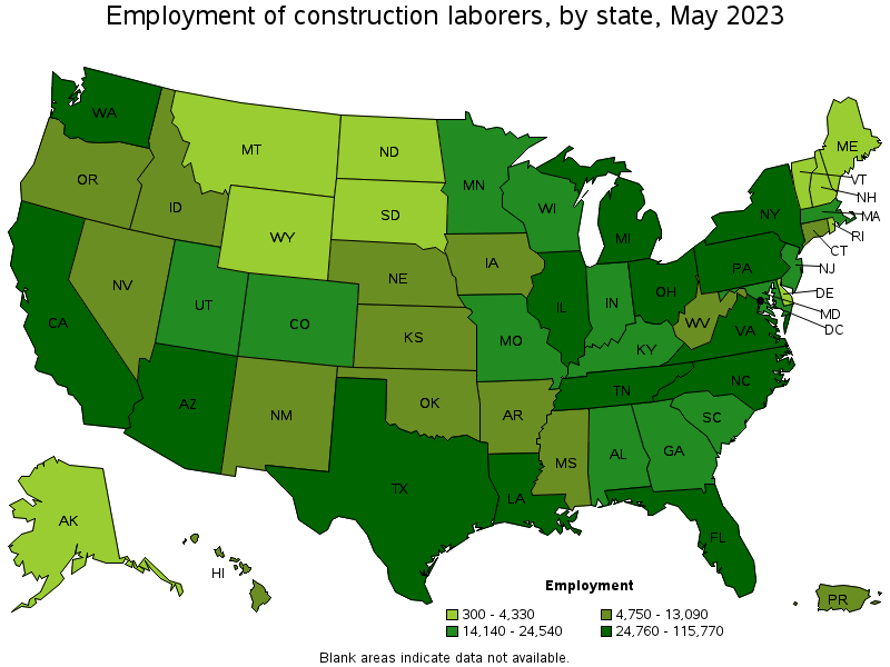 Map of employment of construction laborers by state, May 2023