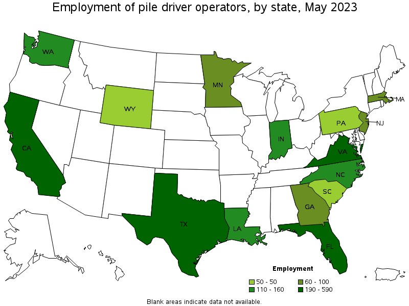 Map of employment of pile driver operators by state, May 2023
