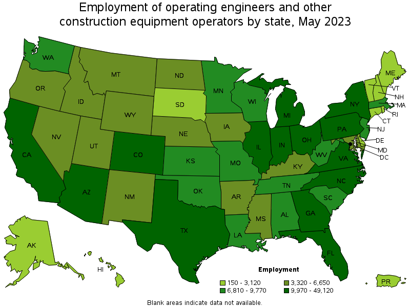 Map of employment of operating engineers and other construction equipment operators by state, May 2023