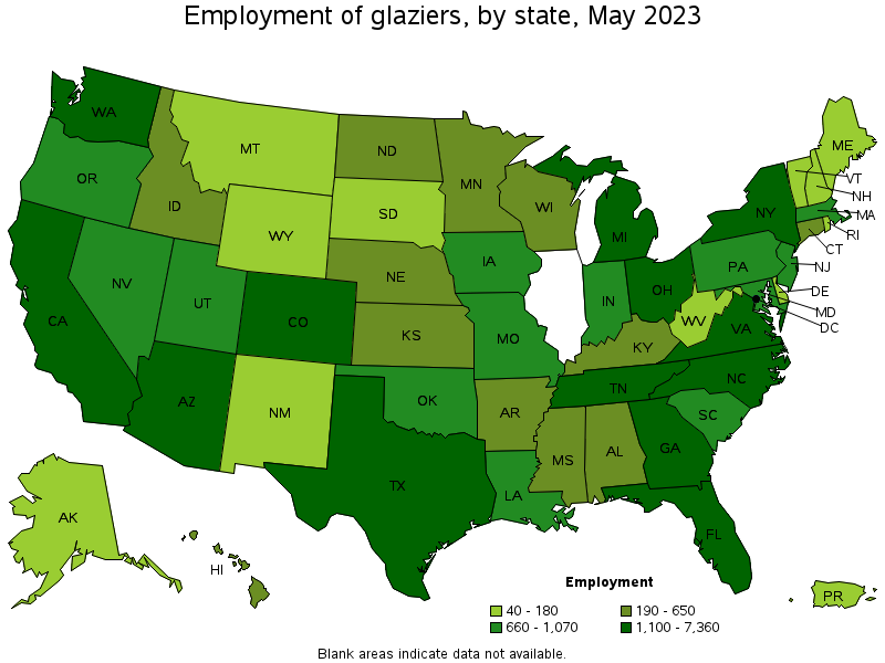 Map of employment of glaziers by state, May 2023