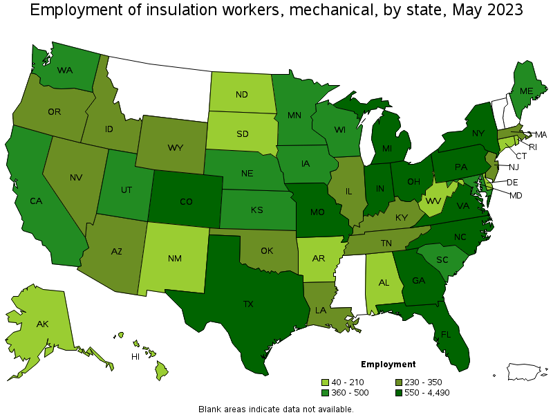 Map of employment of insulation workers, mechanical by state, May 2023
