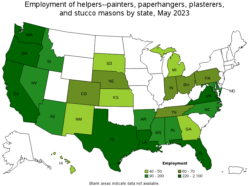 Map of employment of helpers--painters, paperhangers, plasterers, and stucco masons by state, May 2023