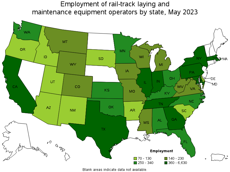 Map of employment of rail-track laying and maintenance equipment operators by state, May 2023