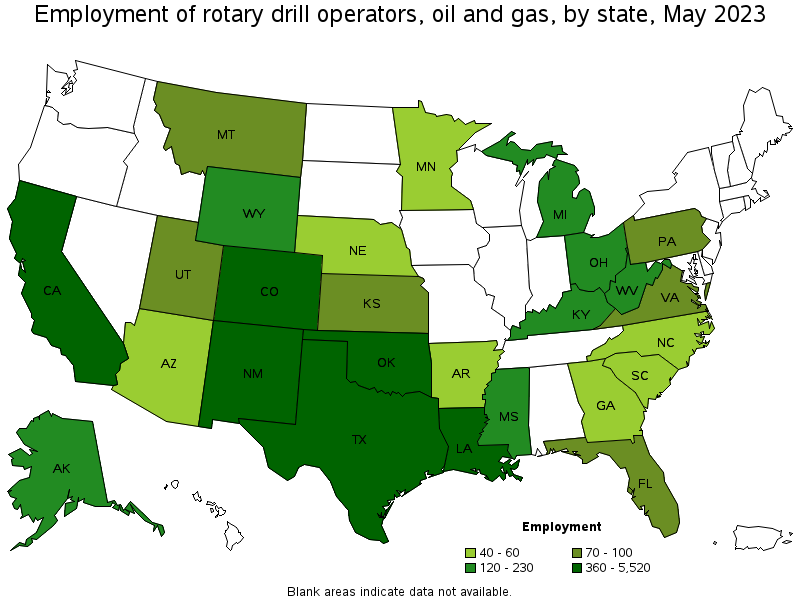 Map of employment of rotary drill operators, oil and gas by state, May 2023