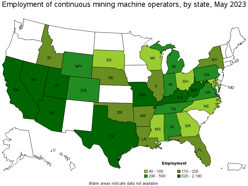 Map of employment of continuous mining machine operators by state, May 2023