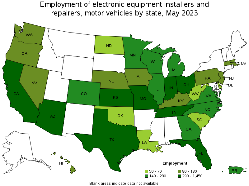 Map of employment of electronic equipment installers and repairers, motor vehicles by state, May 2023