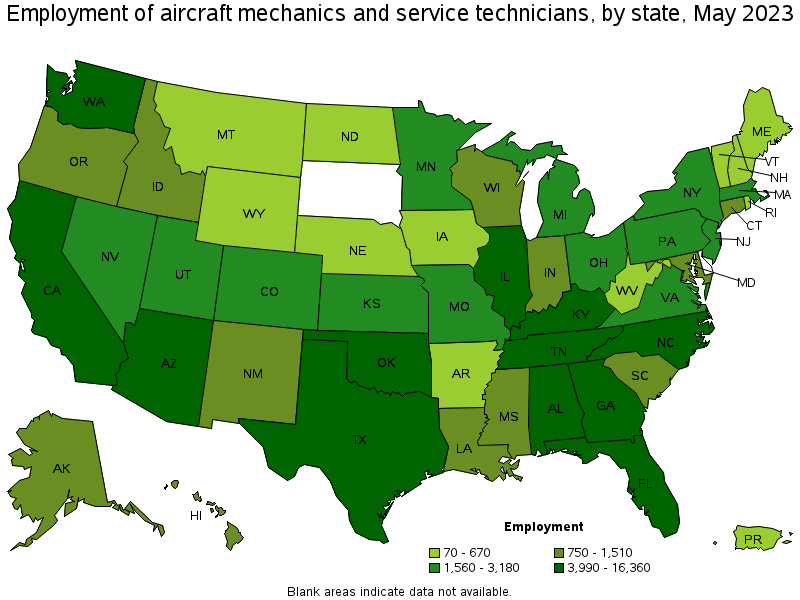 Map of employment of aircraft mechanics and service technicians by state, May 2023