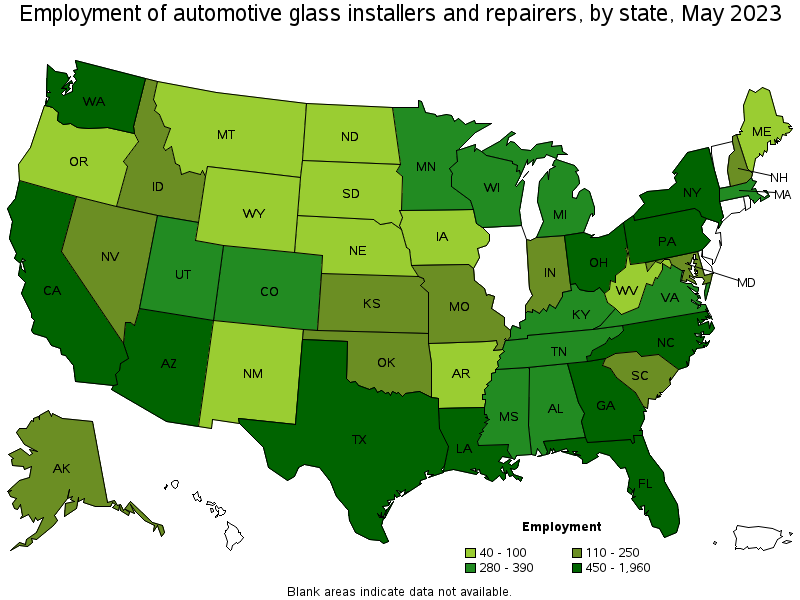 Map of employment of automotive glass installers and repairers by state, May 2023