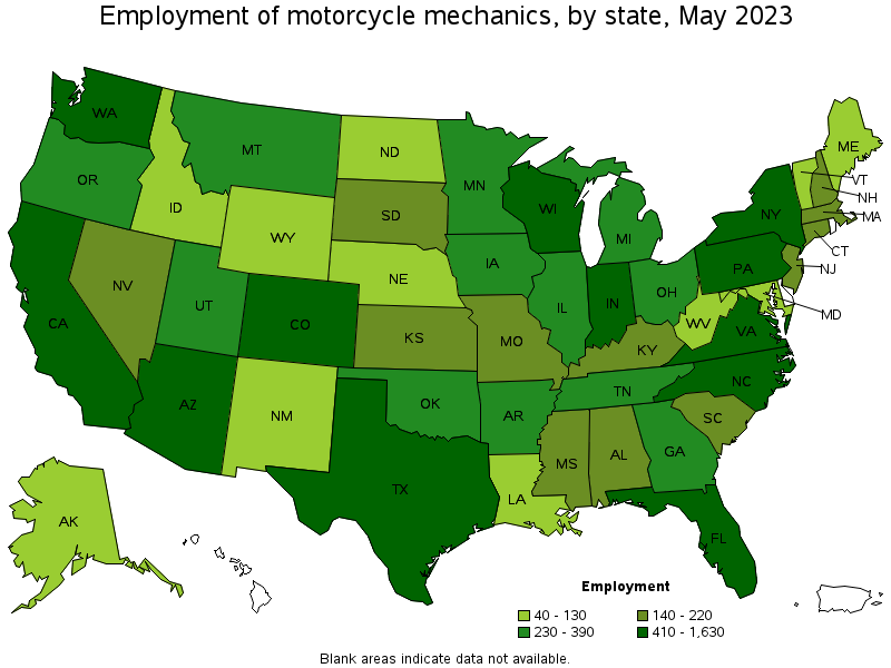 Map of employment of motorcycle mechanics by state, May 2023
