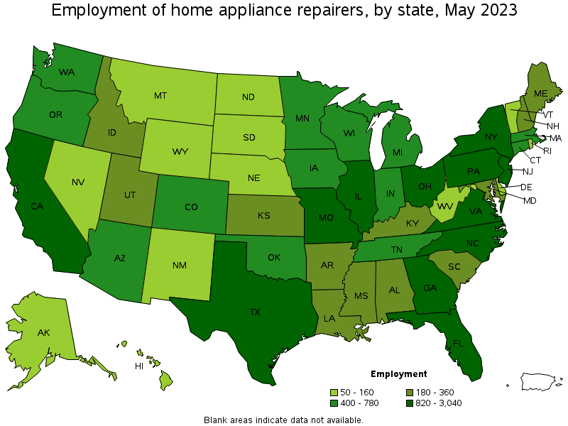 Map of employment of home appliance repairers by state, May 2023