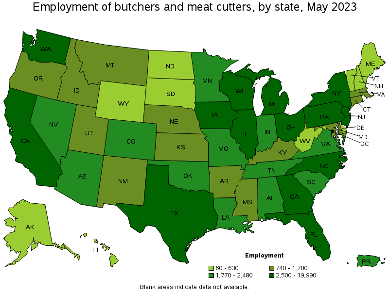 Map of employment of butchers and meat cutters by state, May 2023