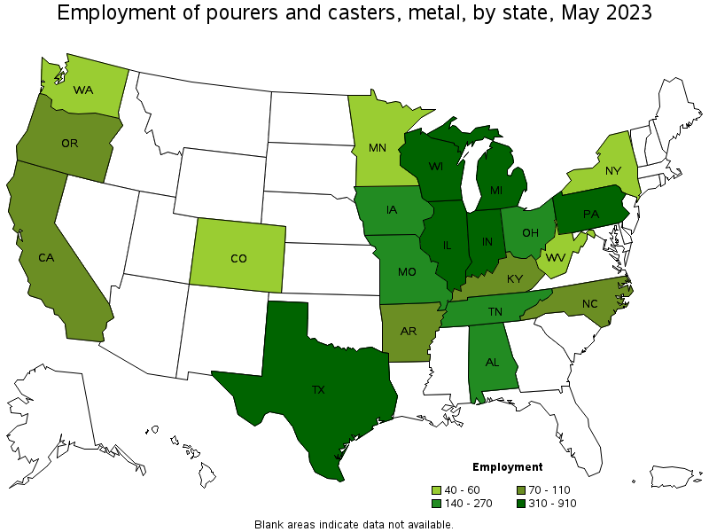 Map of employment of pourers and casters, metal by state, May 2023