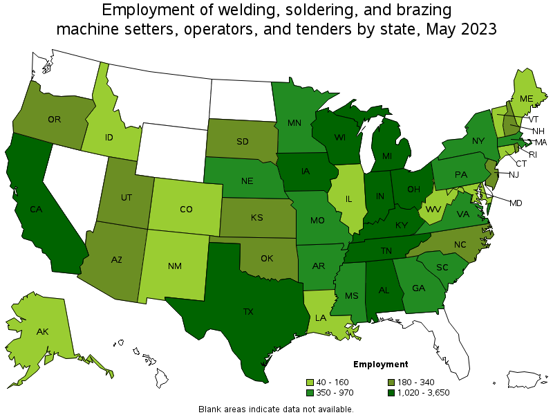 Map of employment of welding, soldering, and brazing machine setters, operators, and tenders by state, May 2023