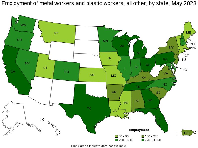 Map of employment of metal workers and plastic workers, all other by state, May 2023