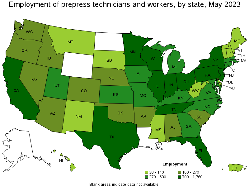 Map of employment of prepress technicians and workers by state, May 2023