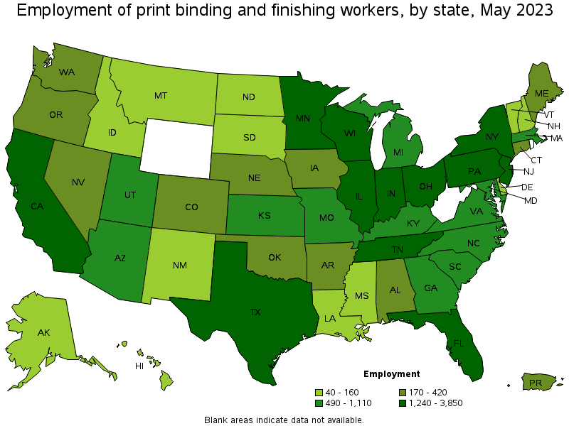 Map of employment of print binding and finishing workers by state, May 2023