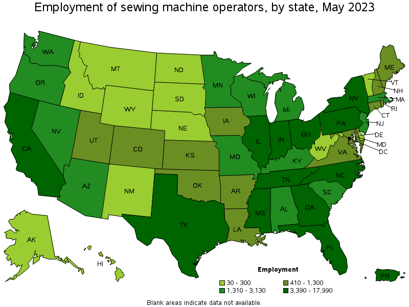 Map of employment of sewing machine operators by state, May 2023