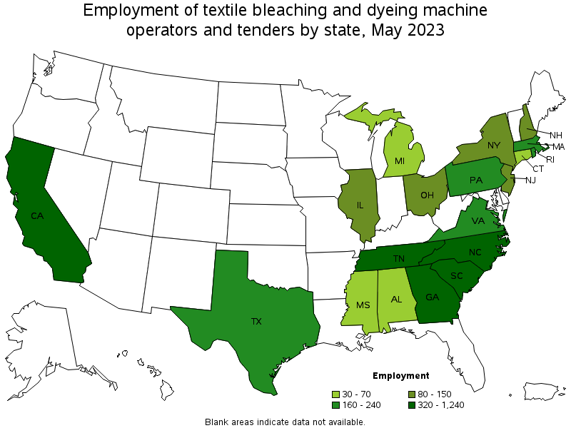 Map of employment of textile bleaching and dyeing machine operators and tenders by state, May 2023