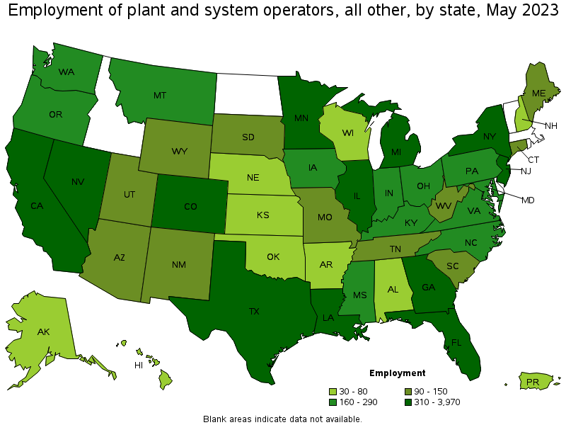 Map of employment of plant and system operators, all other by state, May 2023